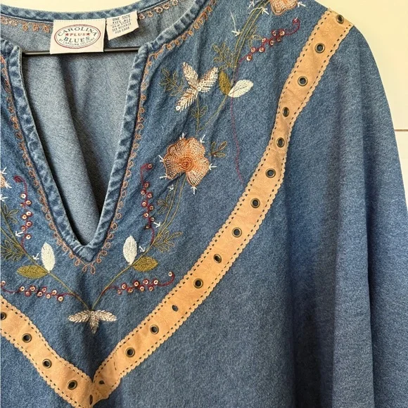 Embroidered Denim Poncho with Fringe - Picture 3 of 4